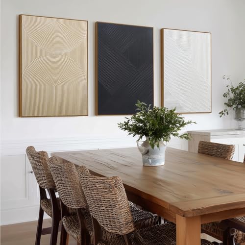Image of Large Boho Textured 3D Wall Art Neutral Set of 3-24 inchx36 inch Hand-Painted Abstract Framed Paintings for Living Room, Bedroom - Modern Minimalist Black White Neutral Boho Decor