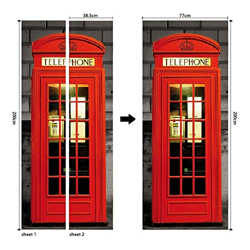 Door Sticker Decal Removable Peel And Stick Wallpaper, London Red Phone Booth Wall Mural For Door Art Decor #TOP1