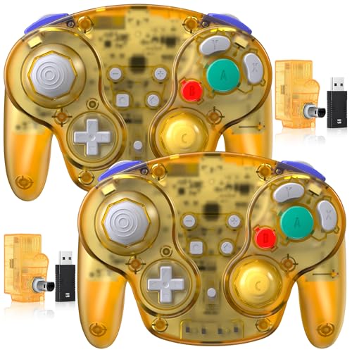 Image of 2 Pack Wireless GameCube Controller for Switch 1 /2, NGC Console, 2.4 GHz | (Built-in Vibration) (Rechargeable) (Analog Triggers / Stick), Compatible with Switch Online, Windows PC, macOS(Clear Yellow)