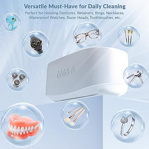 Ultrasonic Jewelry Cleaner, KRX 47kHz Portable Professional Ultrasonic Cleaner Machine with Touch Control & 4 Time Modes for Jewelry, Eyeglasses, All Dental, Retainer (White)