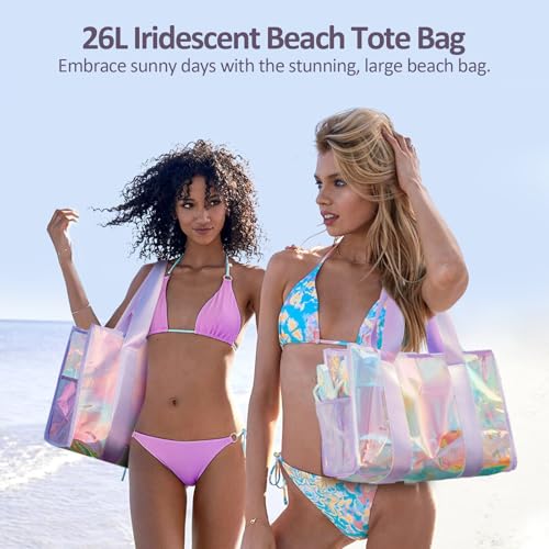 Beach Bag 26L Large Iridescent Waterproof Beach Tote Bag for Women with Zipper & Phone Pouch Sand/Tip-Proof Crossbody2