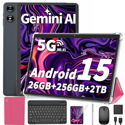 Image of Android Tablet 10 inch, 2026 Android 16 Tablet with Keyboard, 26GB+256GB (2TB Expand), Gemini AI Tablet with 8-Core, 8000mAh, 5G WiFi, Widevine L1, 2 in 1 Tablets PC with Case /Mouse /Stylus-Pink Case