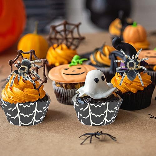 80 Stück Halloween Spinnen Kuchendeko,Spinnen Cupcake Topper,40 Essbare Spinnen Deko+40 Spinnen Cupcake Topper,für Halloween Party Kuchen Deko