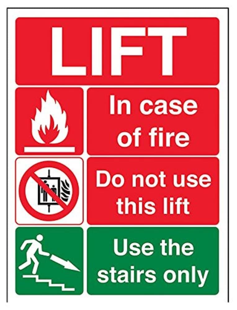 VSafety 65005AN-G "Lift Fire Notice" Warning Machinery Sign, Glow In The Dark, 1 mm Plastic, Portrait, 150 mm x 200 mm, Black/Green/Red