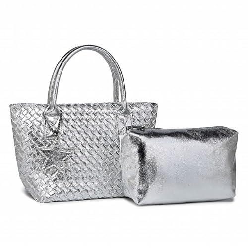 [グッシオ イタリー] メタリック メッシュトートバッグ ポーチ＆チャーム付き 3点セット 星チャーム 春夏コーデ 軽量 カジュアルコーデ PUレザー ファッション レディース italy 171015S (シルバー) - GUSCIO ITALY(グッシオ イタリー) - 商品画像