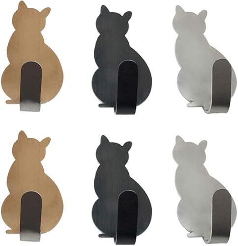 Cabilock Ganchos de pared adhesivos de acero inoxidable para colgar en la pared, 6 unidades, diseño de gato, ganchos de pared para el hogar y la