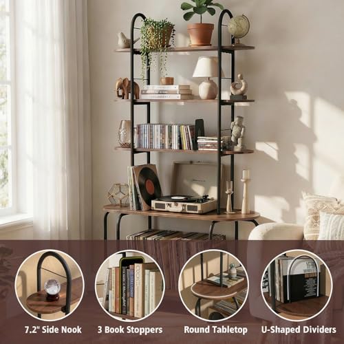 Image of Faesun Record Player Stand with Storage, 5-Tier Turntable Stand with Charging Station, CD Storage with Adjustable Book Stoppers, for CDs, Vinyl Records, Books, Games, for Living Room, Bedroom, Walnut