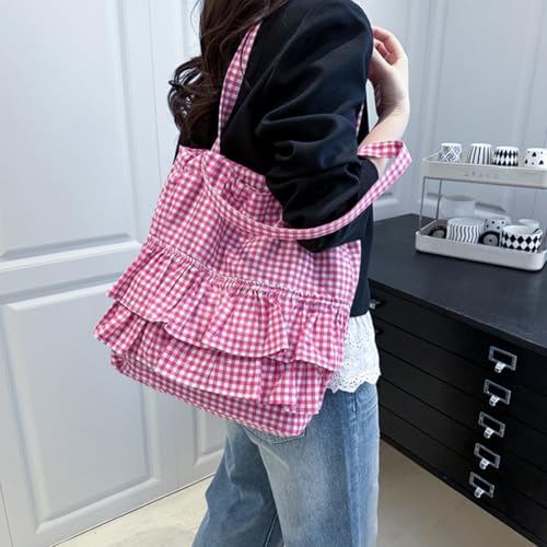 Women Lace Trim Shoulder Bag Large Capacity Soft Ruffles Drawstring Handbag Wear Resist Versatile Bucket Bag Floral Printed T3