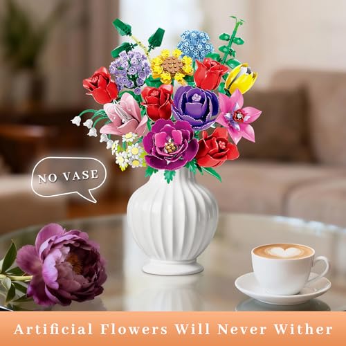 Image of Flower Bouquet Building Set, Compatible with Lego for Adults, 16 Rose Building Block, Artificial Flowers Botanical Collection Kit Home Decor, Gift for Her (907 PCS)