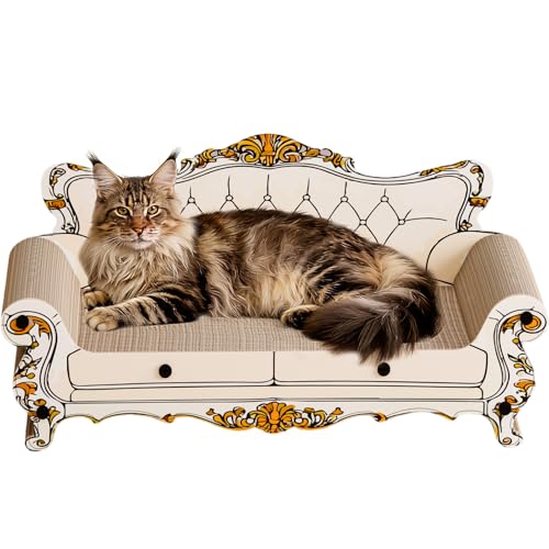 BlissBlaze Cat Scratcher Bed 23.6 Inch Sofa-Shaped Cat Scratcher Couch Large Luxury Durable Cardboard Sofa Scratcher Pad Furniture Protector for Indoor Cats Scrach Rest and Play Beige