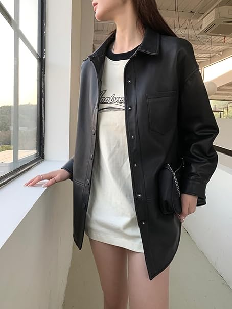 Amazon | [JINLUN] レザーシャツ レディース オーバーサイズ レザー