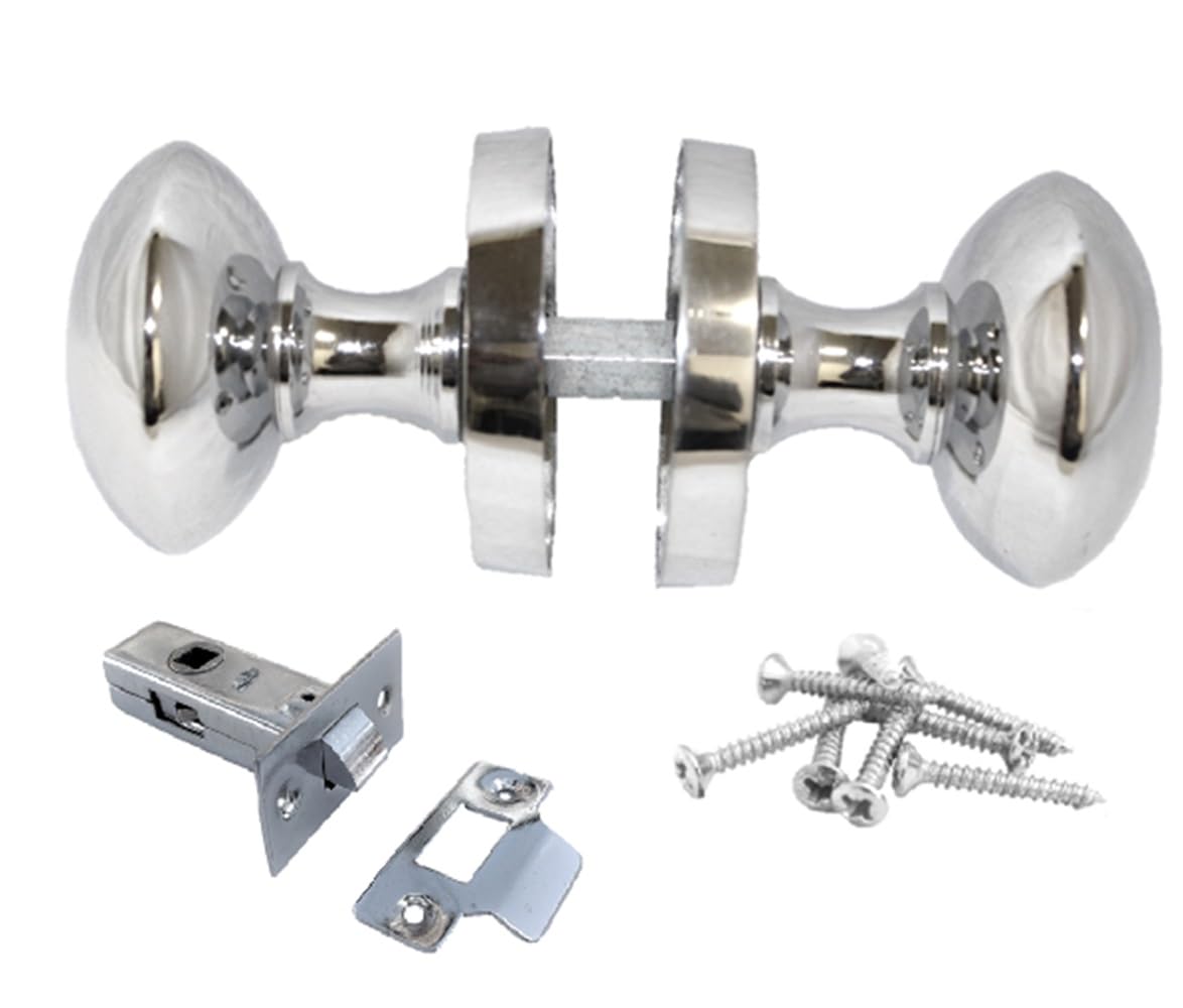 Polished Chrome Round Door Knob Set Including Tubular Latch - Victorian Style
