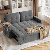 2 Seater Sofa Bed, 3-in-1 Convertible Pull Out Sleeper Sofa with USB& Type-C Ports, Removable Side Table, 6-Position Adjustable Backrest, Modern Double Sofa Bed for Living Room, Guest Room (Grey)