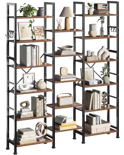 Image of Furologee Triple Column 6 Tier Bookshelf, Large Bookcase with 17 Display Shelves, Wide Book Shelf with 6 Hooks, Adjustable Rustic Bookshelves Storage Organizer, Shelving Unit for Living Room, Office