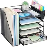 Gugsey Desk Organizer, 5-Tier Paper Letter Tray Organizer with File Holder, Drawer and Pen Holder, Desktop Organizer for Office Supplies, Black