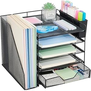 Desk Organizer, 5-Tier Paper Letter Tray Organizer with File Holder, Drawer and Pen Holder, Desktop Organizer for Office Supplies, Black