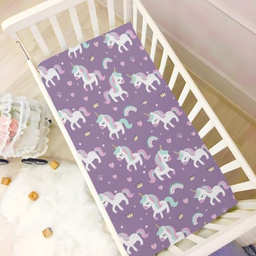 Image of Crib Sheet Breathable Soft Crib Mattress Sheet for Baby Toddler Boys Girls Fitted Crib Sheet Fit Standard Crib Mattress 52 x 28 Inch Purple Unicorns Rainbows