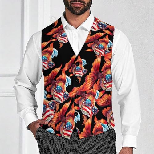 Japanese Fish USA Flag Eyesglasses Men's Suit Vest Waistcoat Vests Formal Dress with 2 Pockets for Business Casual Tuxedo2