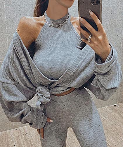 Image of ECDAHICC Women's Two Piece Outfits Knitted Halter Neck Crop Tank Tops and Oversized Off Shoulder Deep V Neck Pullover Sweater
