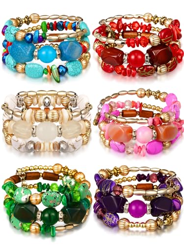 Misdary 6 Pcs Boho Multilayer Irregular Agate Beads Charm Bracelets Vintage Yoga Turquoise Bangles Boho Jewelry for Women