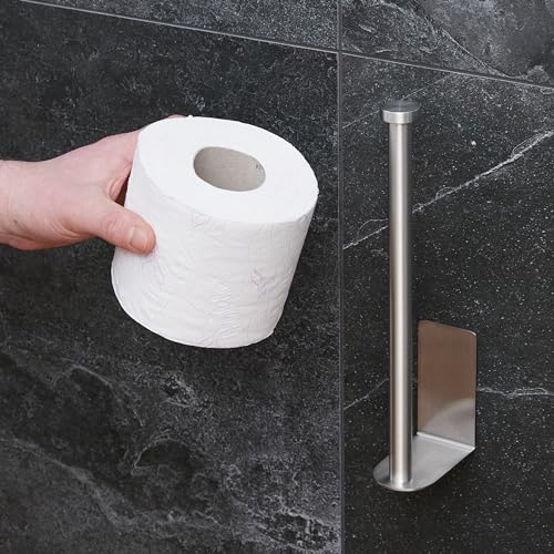Image of Relaxdays Replacement Roll Holder, Self-Adhesive, 2 Replacement Rolls, H x W x D: 26 x 4.5 x 7.5 cm, Toilet Paper Holder Wall, Silver