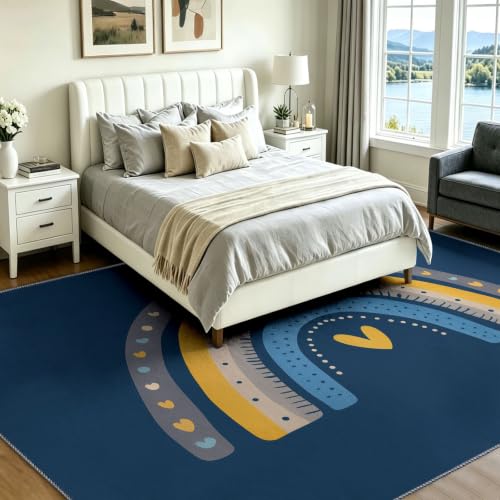 Alfombra azul de salón nórdico 150x210 cm lavable con diseño de arcoíris 4