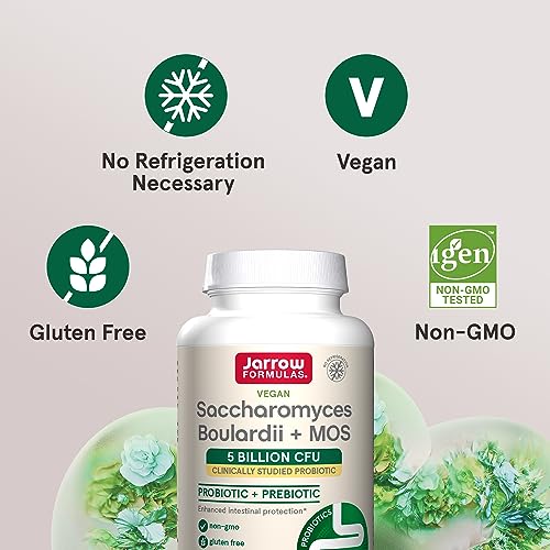 Image of Jarrow Formulas Saccharomyces Boulardii Probiotics + MOS 5 Billion CFU Probiotic Yeast for Intestinal Health Support Gut Health Supplements for Women & Men 180 Veggie Caps, 180 Day Supply,Pack of 12