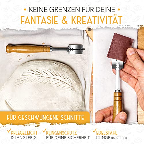 KRUSTENZAUBER Bäckermesser 2er Set [inkl. 20 Rasierklingen] - Teigmesser Set für gerade und geschwungene Schnitte - Ideale Brotklinge, Bäckerklinge, Teigritzmesser Lame, Brot Backen Zubehör