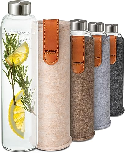 Cosumy Botella para Agua de Cristal con Funda de Fieltro 750ml - Apta para Lavavajillas - Sin Fugas - Sin BPA - Apta para Bebidas con Gas - (Beige)