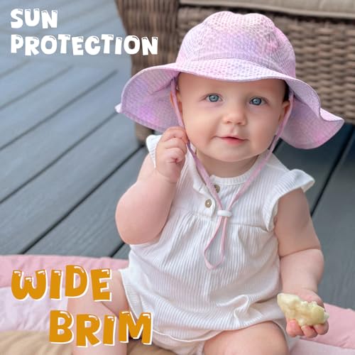 Image of HONGTEYA Baby Sun Hat Toddler Girl Beach Hat Sun Protection Adjustable Outdoor Summer Wide Brim Bucket Hat for Infant Kids