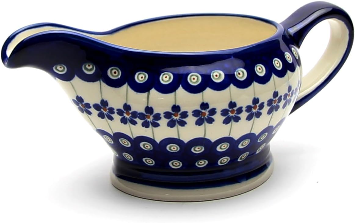 Polish Pottery Market 16 oz. Gravy Boat Handmade by Zaklady Boleslawiec - Polish Stoneware Ceramic Gravy Boat for Thanksgiving, Christmas, Salad Dressing - Made in Poland - Floral Peacock
