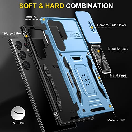 Image of Slide Camera Cover with Ring Holder Mobile Phone Case Cover for Samsung Galaxy S23 Ultra (Blue)
