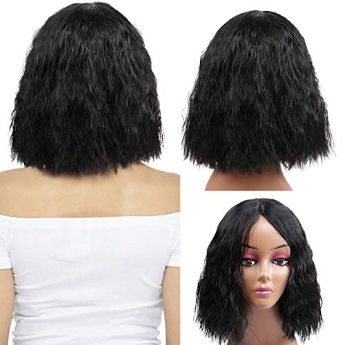 Fashion Icon Lace Front Wigs Synthetic Short Bob Wigs For Women Natural Loose Wave 2 X 4 Inch Hand-tied Scalp Deep Middle Part Hair Replacement Curly Wigs 150 Density (12’’ #1B)
