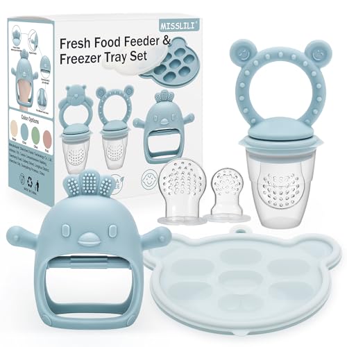 Image of MISSLILI Baby Silicone Fruit Food Feeder Pacifier & Breastmilk Popsicle Freezer Molds,BPA Free Baby Food Storage Containers Frozen Ice Tray for Baby Feeding Safely, Infant Fruit Teething Toy (Blue)