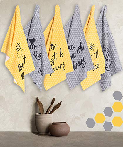 Accenthome Cotton Kitchen Towels Set Of 4 - Absorbent Dish Towels Set | Tea Towels | Bar Towels | Bee Grey Yellow Kitchen Dish Towels - Multi Purpose Kitchen Linen , Drying Dish Hand Towels 20X28 #TOP7