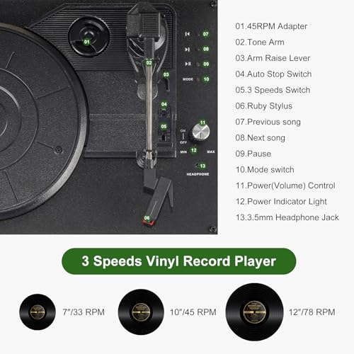 Image of Record Player Portable with Bluetooth Connection USB Playback and Built in Rechargeable Battery 3 Speed Turntable Suitcase Design Vinyl Player with Built in Speakers for Home or Travel