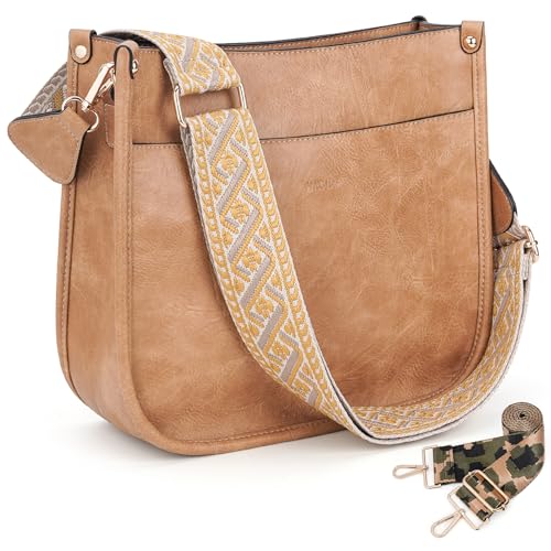 Image of HKCLUF Crossbody Bags for Women Trendy Vegan Leather Hobo Handbags With 2PCS Adjustable Guitar Strap Shoulder Bucket Bags