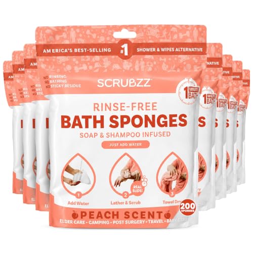 Image of Scrubzz Disposable No Rinse Bathing Wipes - All-in-1 Single Use Shower Wipes, Simply Dampen, Lather, and Dry Without Shampoo or Rinsing (Peach, 8-Pack)