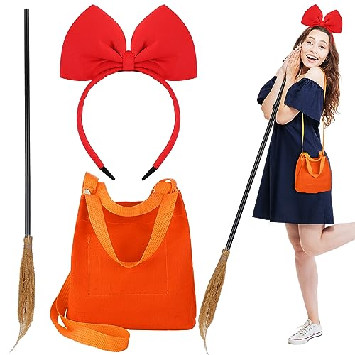Panelee Witch Halloween Cosplay Costume Accessories for Women Red Bow Headbands Crossbody Bag Witch Broomstick Costume Accessories Realistic Wizard Flying Broom Stick for Halloween