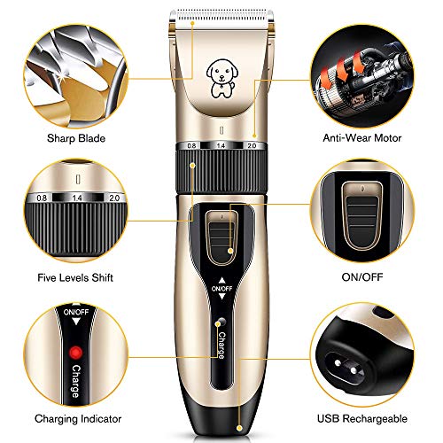 [2020 Upgrade] Dog Grooming Clippers, Professional 5-in-1Rechargeable Dog Hair Clippers Kit with Low Noise, Superior Painless Pet Hair Grooming/Trimming/Shaving, Perfect for Small Medium Dogs & Cat - Thumbnail 2