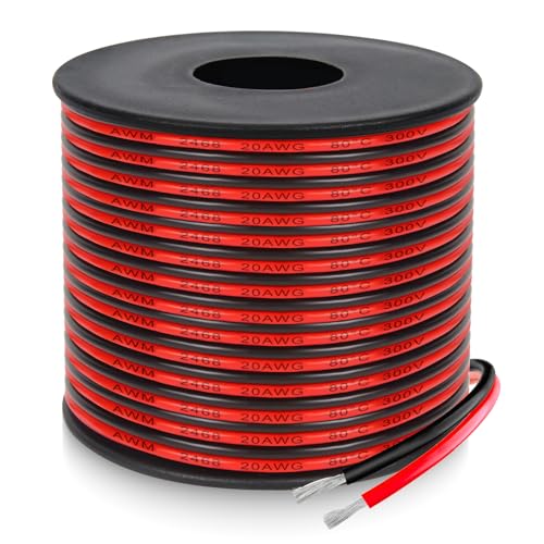 20 Gauge 2 Conductor PVC Tinned Copper Electrical Wires, 98.4FT/30M Red and Black Double Parallel...