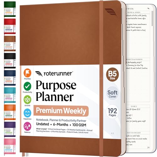 Roterunner Purpose Planner Notebook B5 7.5x9.8 Undated 2026 Daily Weekly and Monthly Productivity Goal Setting Tool for Work Home ADHD Planner for Adults Self Care Journal