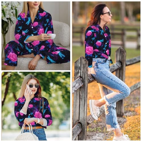 Image of Women'S Long Sleeve Pajama Set Soft Loungewear Button-Down Top & Elastic Waist Pants S- 2XL