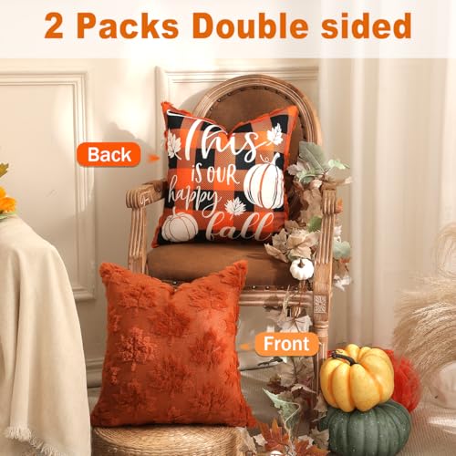 TOYPOPOR Fall Decorations 2 Packs Double Sided Throw Pillow Covers Rust Red Soft Faux Fur Maple Leaf Pillow Case Autumn Harvest Thanksgiving Indoor Outdoor Home Decor for Living Room Porch Couch 20x20