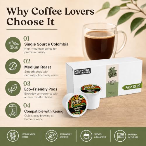 Image of OH HEY BRANDS Medium roast coffee k cups -20 Eco-Friendly k cups coffee pods - Single Origin Colombia - Chocolatey & Smooth flavored coffee pods - Suitable for all brewers