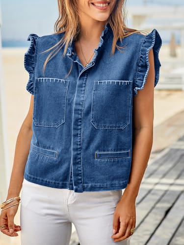 Tankaneo Womens Denim Vest Ruffle Sleeve Summer Causal Cropped Jean Vests Tops Sleeveless Jackets2