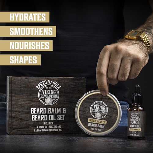 Image of Viking Revolution Beard Balm and Beard Oil Bundle - Spiced Vanilla | Includes 2oz Beard Balm & 1oz Beard Oil - Infused with Argan & Jojoba Oils - Deeply Moisturizes & Hydrates Dry Facial Hair