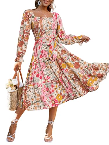 Simplee Womens Long Sleeve Maxi Dress Casual Square Neck Smocked Flowy Fall Wedding Guest Dresses