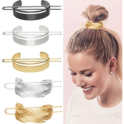 5 Pieces Round Top Hair Pins Hair Stick High Polished Alloy Bun Cage Feather Hair Clip Bun Holder Ponytail Cuffs Wedding Hair Accessories for Women Girls (Gold,Silver,Black) Cover