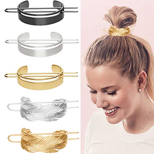 5 Pieces Round Top Hair Pins Hair Stick High Polished Alloy Bun Cage Feather Hair Clip Bun Holder Ponytail Cuffs Wedding Hair Accessories For Women Girls (Gold,Silver,Black) #TOP4